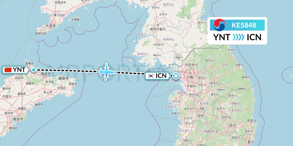 KE5848 Korean Air Flight Map: Yantai to Seoul