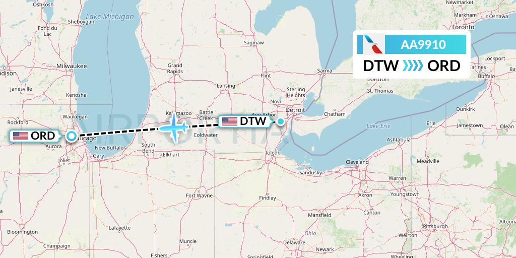 AA9910 American Airlines Flight Map: Detroit to Chicago