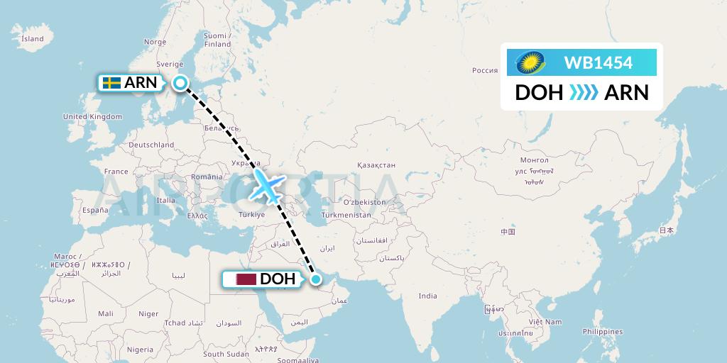 WB1454 RwandAir Flight Map: Doha to Stockholm