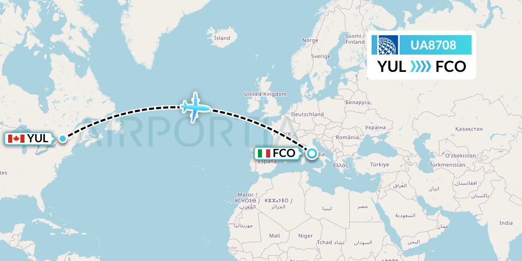 UA8708 United Airlines Flight Map: Montreal to Rome