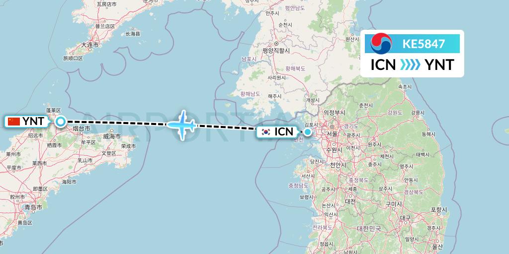KE5847 Korean Air Flight Map: Seoul to Yantai