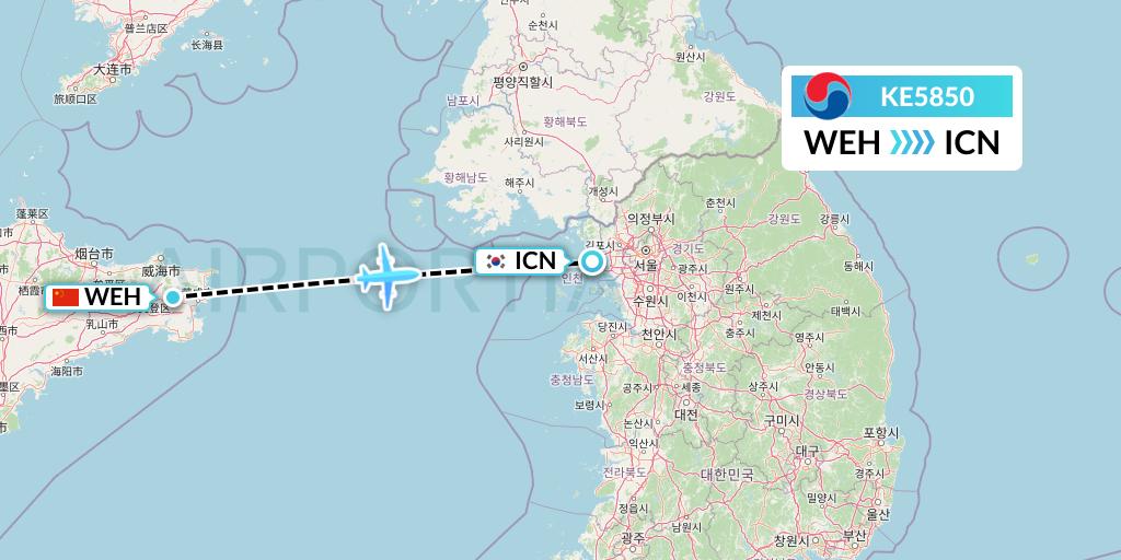 KE5850 Korean Air Flight Map: Weihai to Seoul