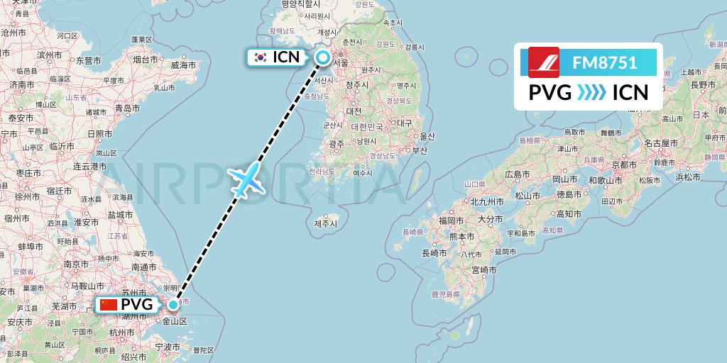 FM8751 Shanghai Airlines Flight Map: Shanghai to Seoul