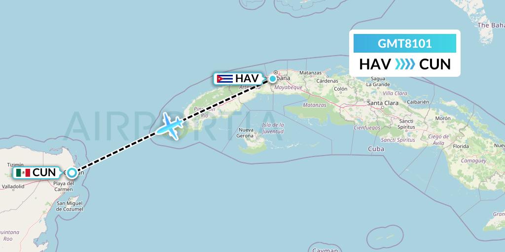 GMT8101 Magnicharters Flight Map: Havana to Cancun