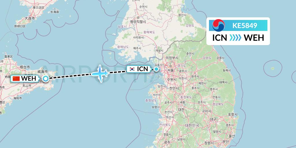 KE5849 Korean Air Flight Map: Seoul to Weihai