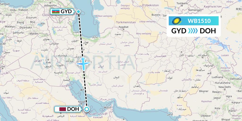 WB1510 RwandAir Flight Map: Baku to Doha