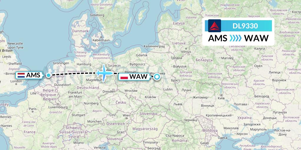 DL9330 Delta Air Lines Flight Map: Amsterdam to Warsaw