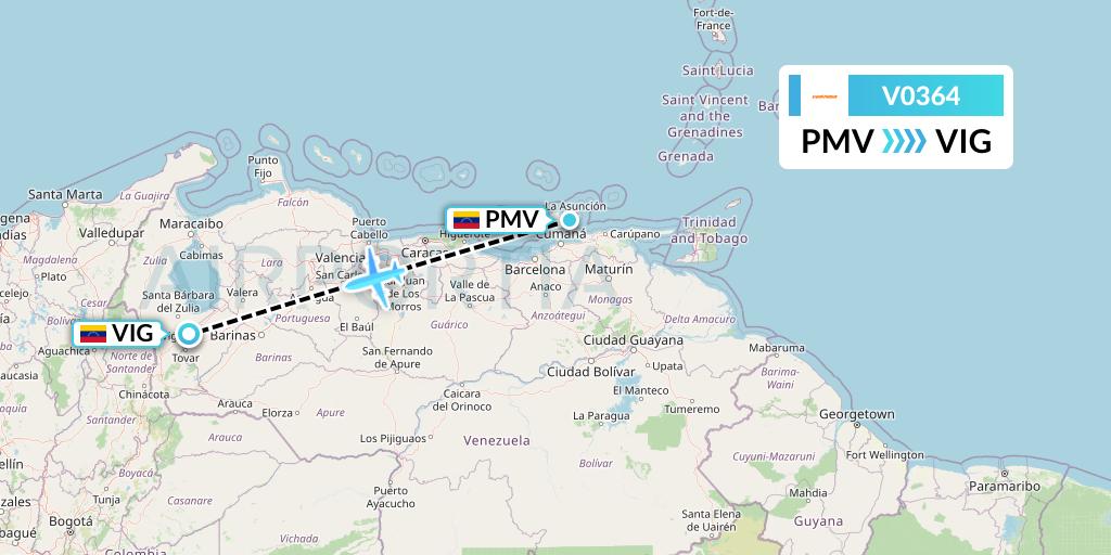 V0364 Conviasa Flight Map: Porlamar to El Vigia