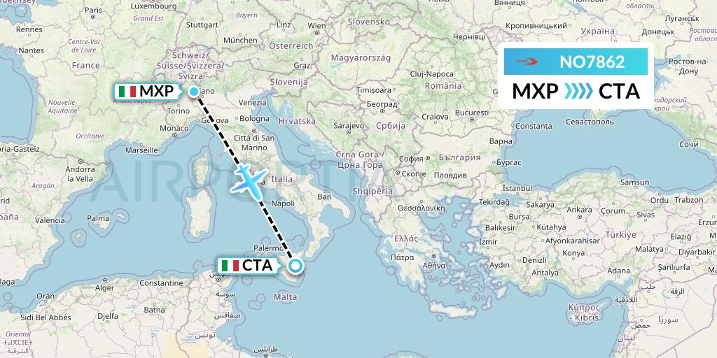 NO7862 Neos Flight Map: Milan to Catania