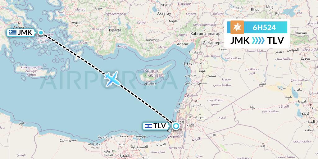 6H524 Israir Airlines Flight Map: Mykonos to Tel Aviv