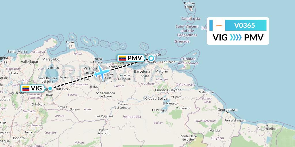 V0365 Conviasa Flight Map: El Vigia to Porlamar
