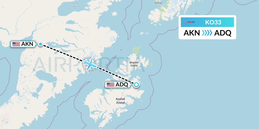 KO33 Komiaviatrans Flight Map: King Salmon to Kodiak