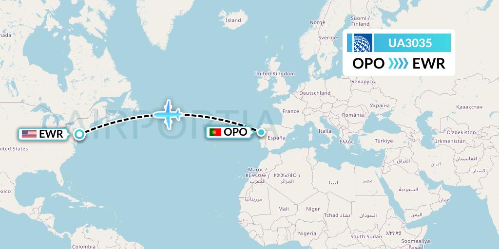 UA3035 United Airlines Flight Map: Porto to New York