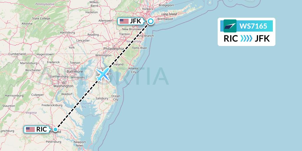 WS7165 WestJet Flight Map: Richmond to New York