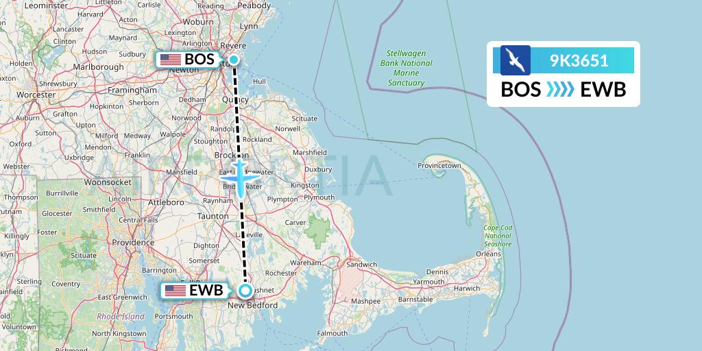 9K3651 Cape Air Flight Map: Boston to New Bedford