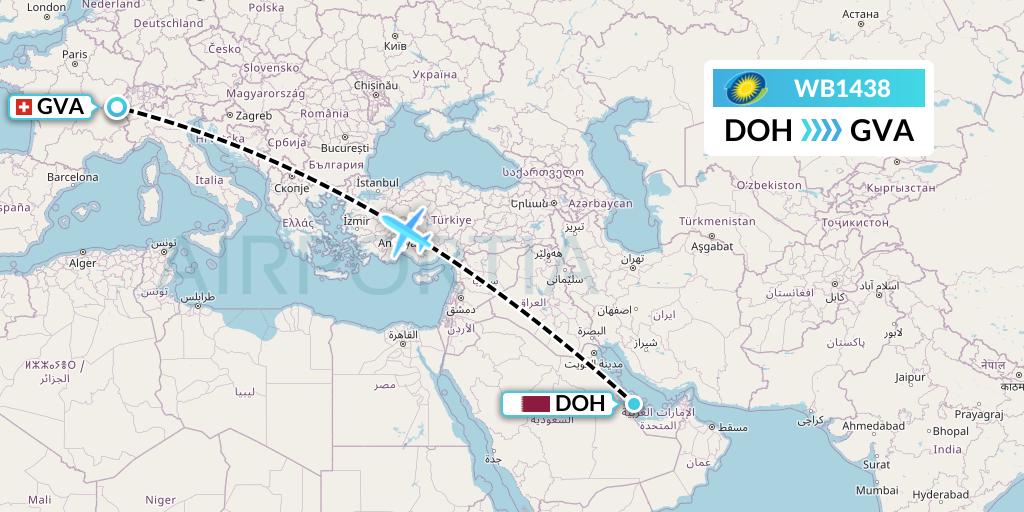 WB1438 RwandAir Flight Map: Doha to Geneva