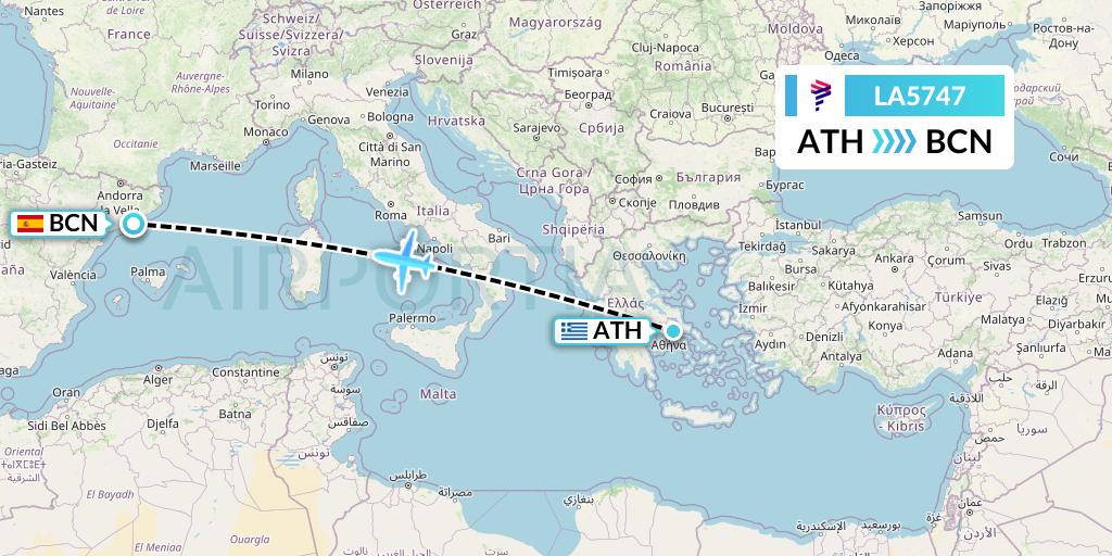 LA5747 LAN Airlines Flight Map: Athens to Barcelona