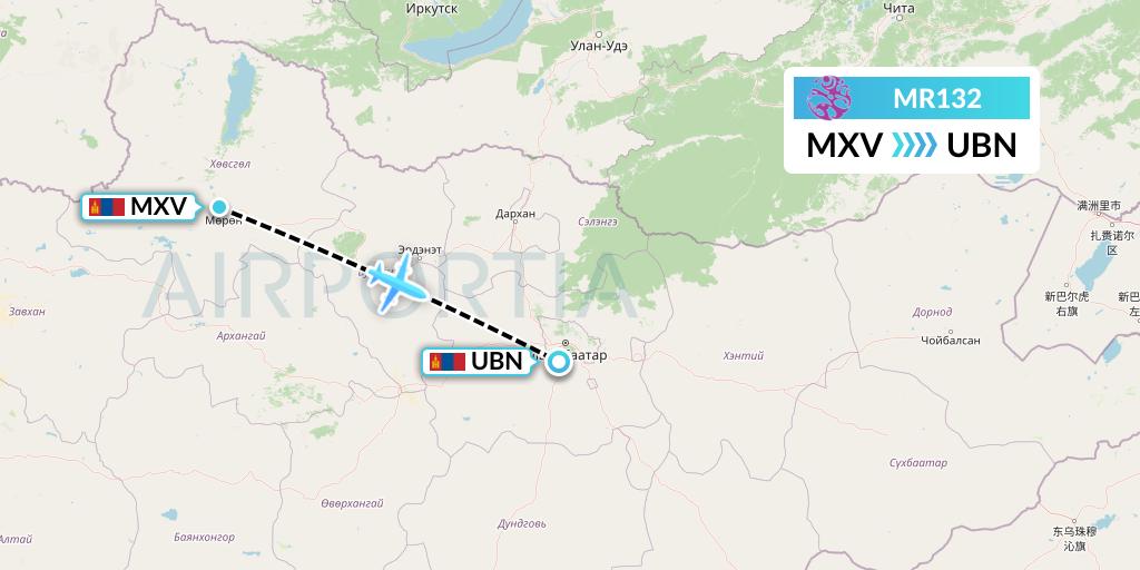 MR132 Hunnu Air Flight Map: Moron to Ulan Bator