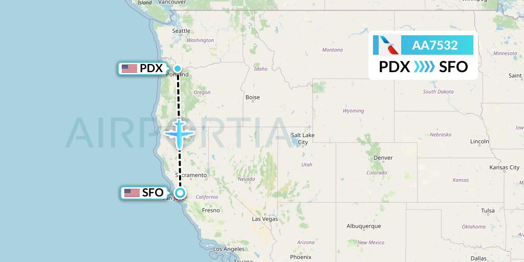 AA7532 American Airlines Flight Map: Portland to San Francisco