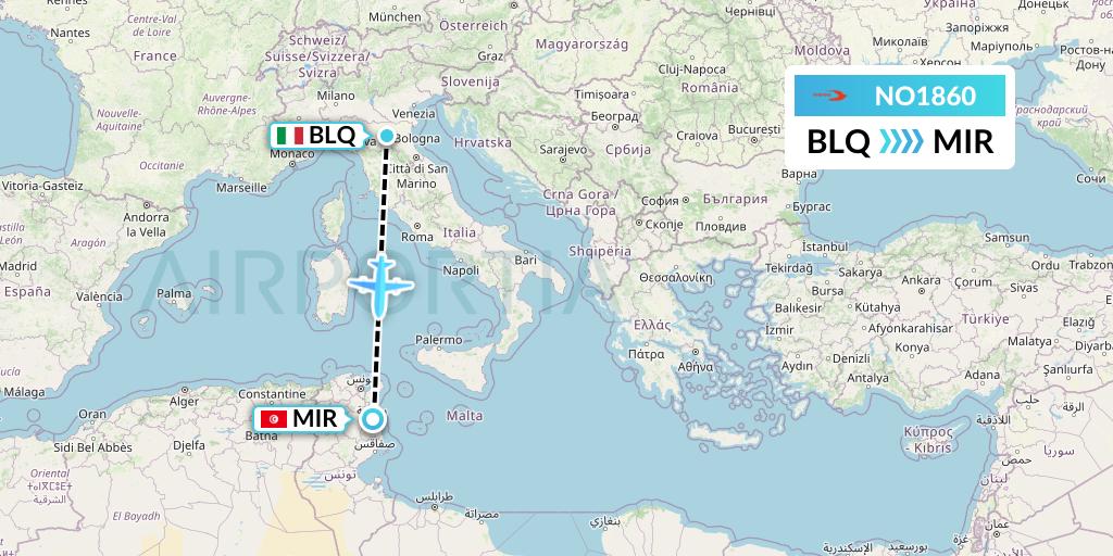 NO1860 Neos Flight Map: Bologna to Monastir
