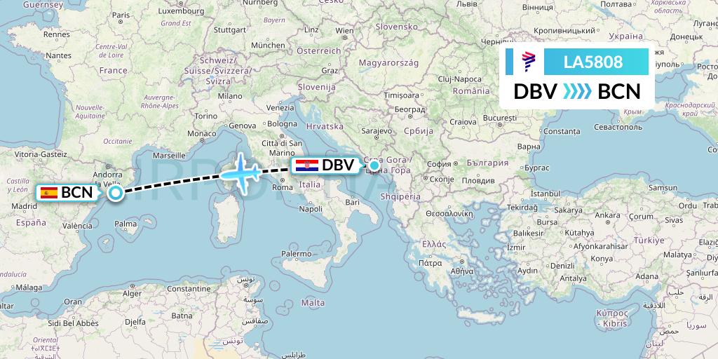 LA5808 LAN Airlines Flight Map: Dubrovnik to Barcelona