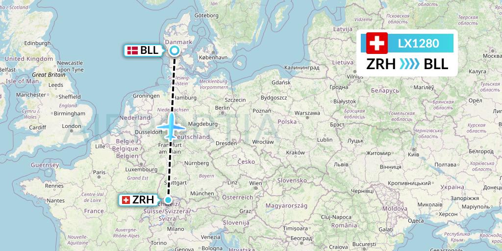 LX1280 Swiss Flight Map: Zurich to Billund