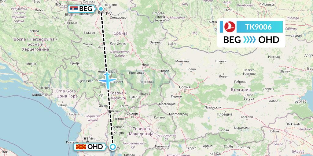 TK9006 Turkish Airlines Flight Map: Belgrade to Ohrid