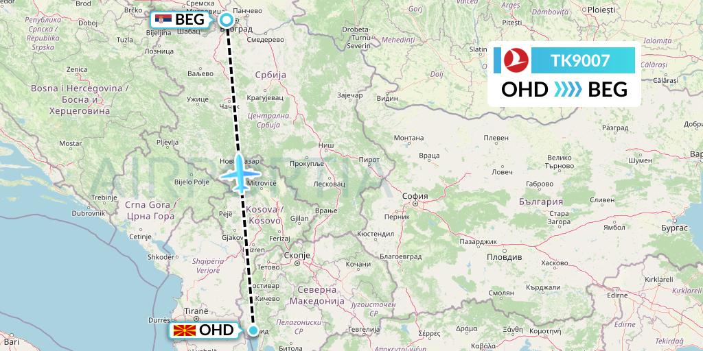 TK9007 Turkish Airlines Flight Map: Ohrid to Belgrade