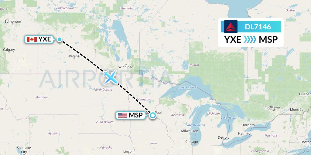 DL7146 Delta Air Lines Flight Map: Saskatoon to Minneapolis