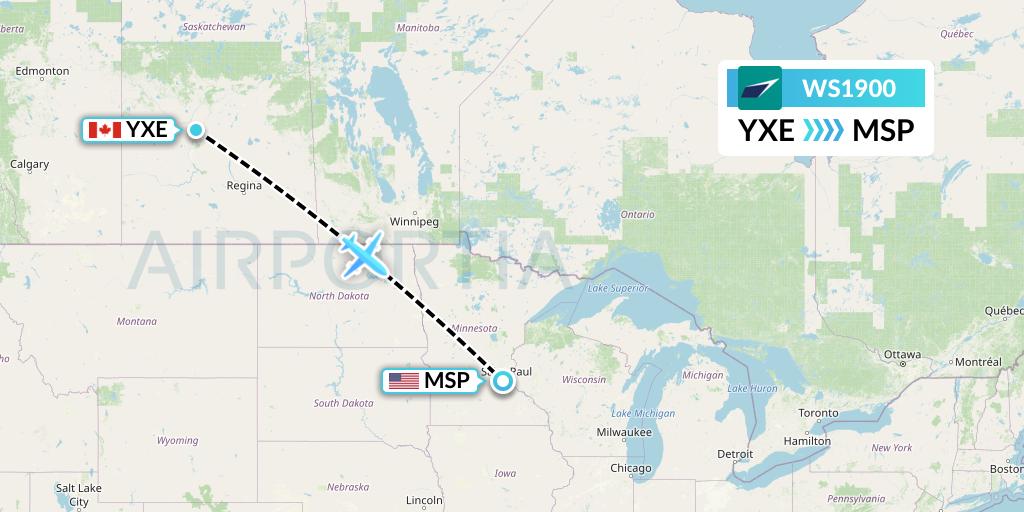 WS1900 WestJet Flight Map: Saskatoon to Minneapolis