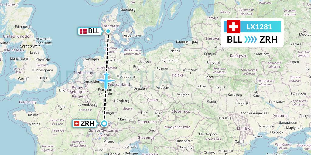 LX1281 Swiss Flight Map: Billund to Zurich