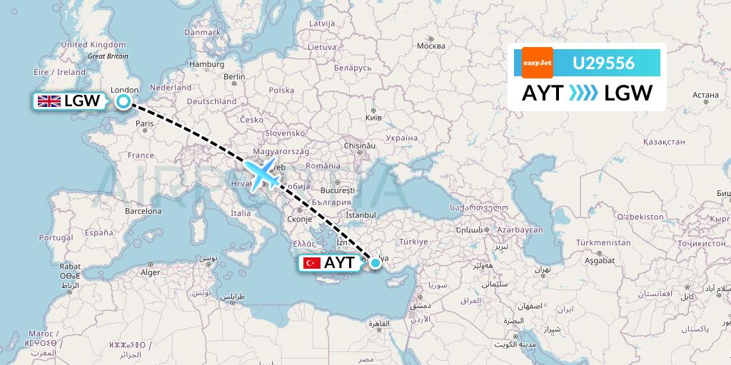 U29556 EasyJet Flight Map: Antalya to London