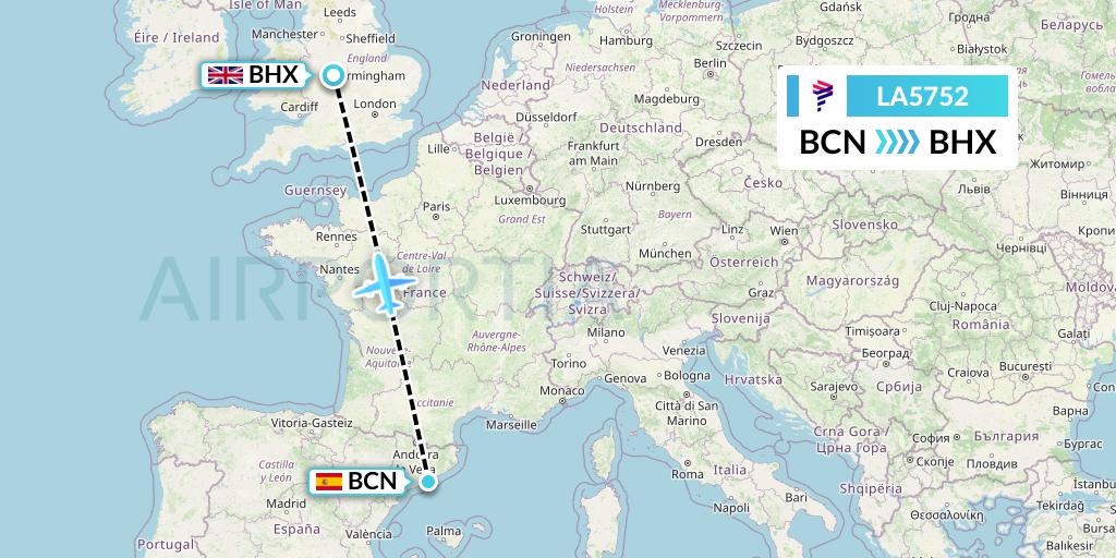 LA5752 LATAM Airlines Flight Map: Barcelona to Birmingham