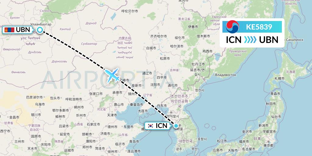 KE5839 Korean Air Flight Map: Seoul to Ulan Bator