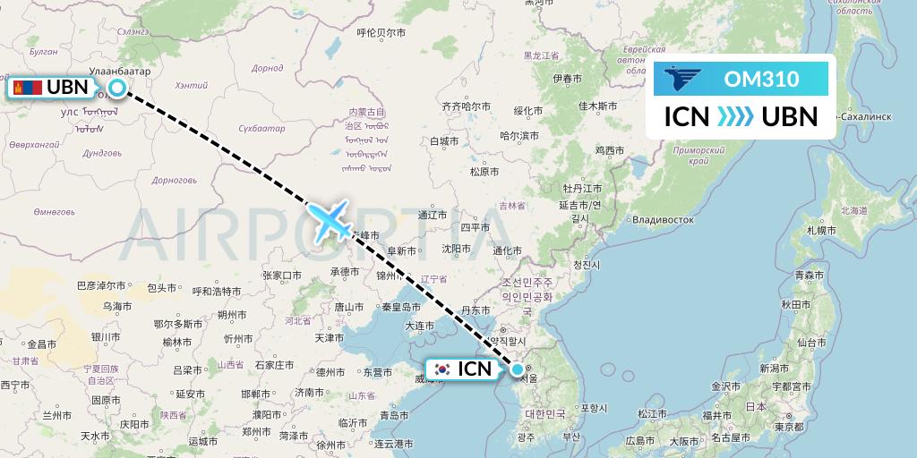 OM310 MIAT Mongolian Airlines Flight Map: Seoul to Ulan Bator