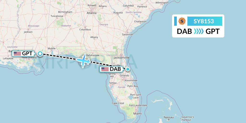 SY8153 Sun Country Airlines Flight Map: Daytona Beach to Gulfport