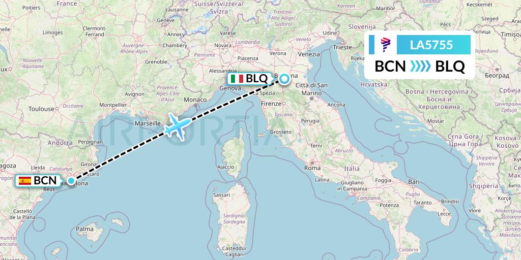 LA5755 LAN Airlines Flight Map: Barcelona to Bologna