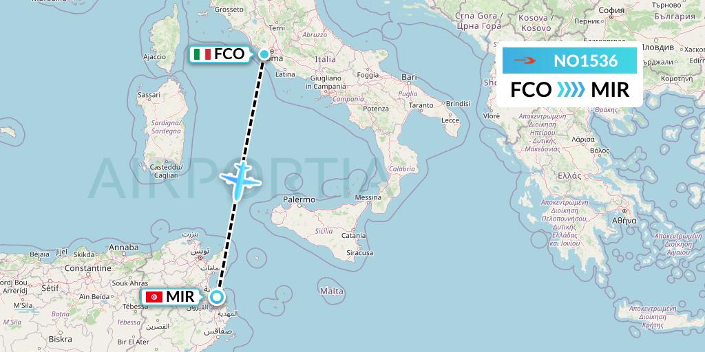 NO1536 Neos Flight Map: Rome to Monastir