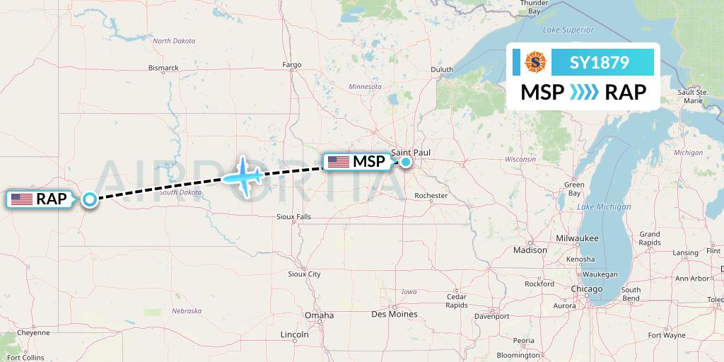 SY1879 Sun Country Airlines Flight Map: Minneapolis to Rapid City
