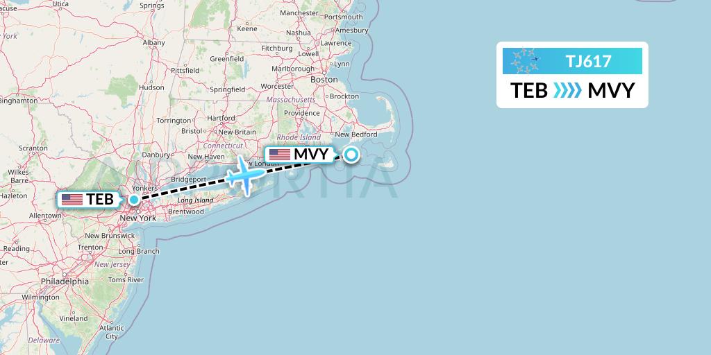 TJ617 Tradewind Aviation Flight Map: Teterboro to Martha's Vineyard