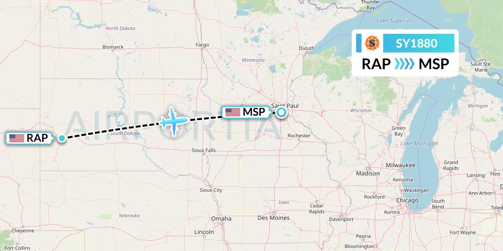 SY1880 Sun Country Airlines Flight Map: Rapid City to Minneapolis