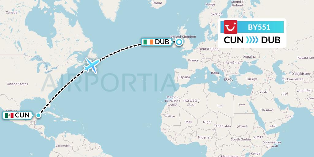 BY551 TUI Airways Flight Map: Cancun to Dublin