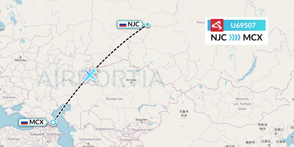 U69507 Ural Airlines Flight Map: Nizhnevartovsk to Makhachkala