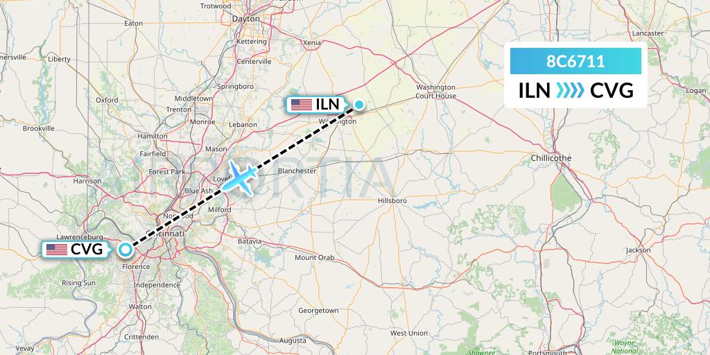 8C6711 Air Transport International Flight Map: Wilmington to Cincinnati