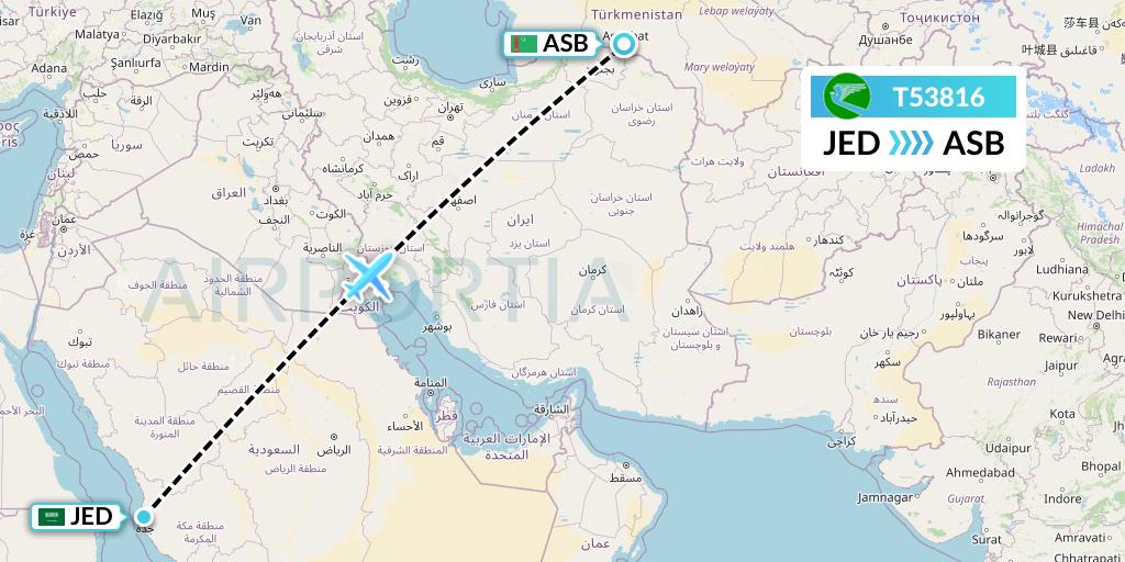 T53816 Turkmenistan Airlines Flight Map: Jeddah to Ashgabat
