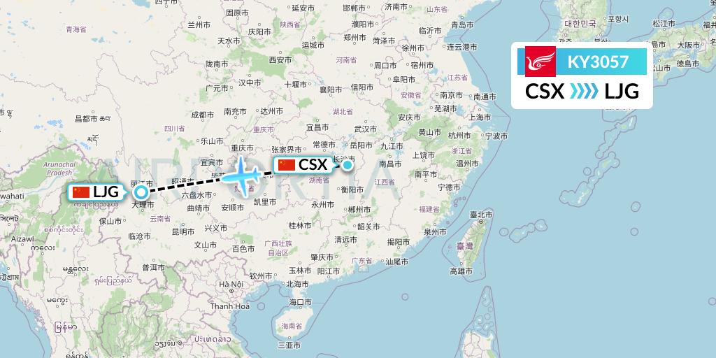 KY3057 Kunming Airlines Flight Map: Changsha to Lijiang