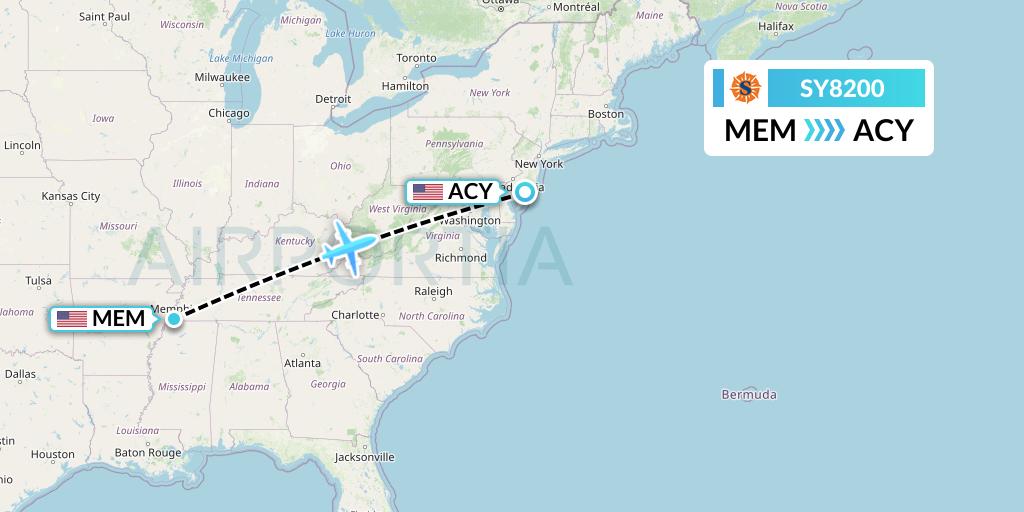 SY8200 Sun Country Airlines Flight Map: Memphis to Atlantic City