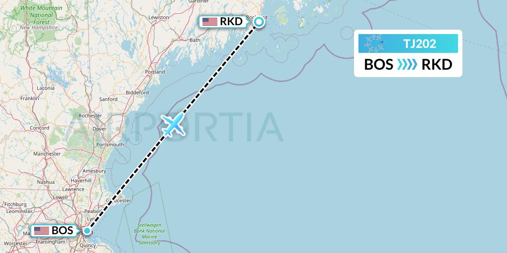 TJ202 Tradewind Aviation Flight Map: Boston to Rockland