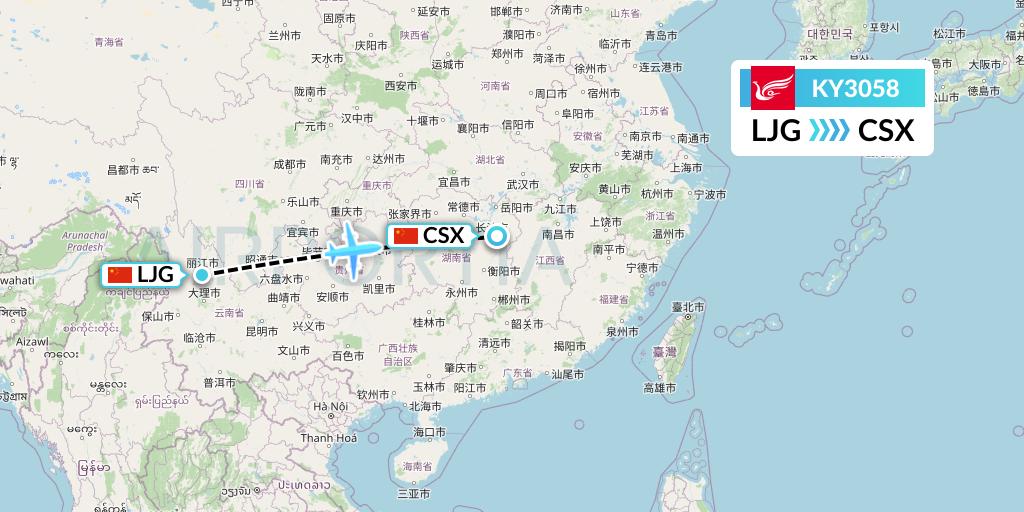KY3058 Kunming Airlines Flight Map: Lijiang to Changsha