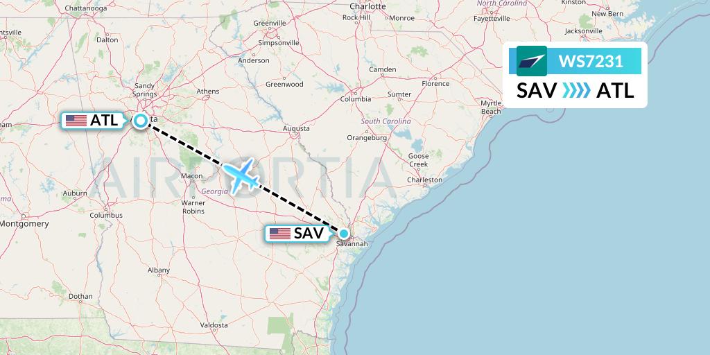WS7231 WestJet Flight Map: Savannah to Atlanta